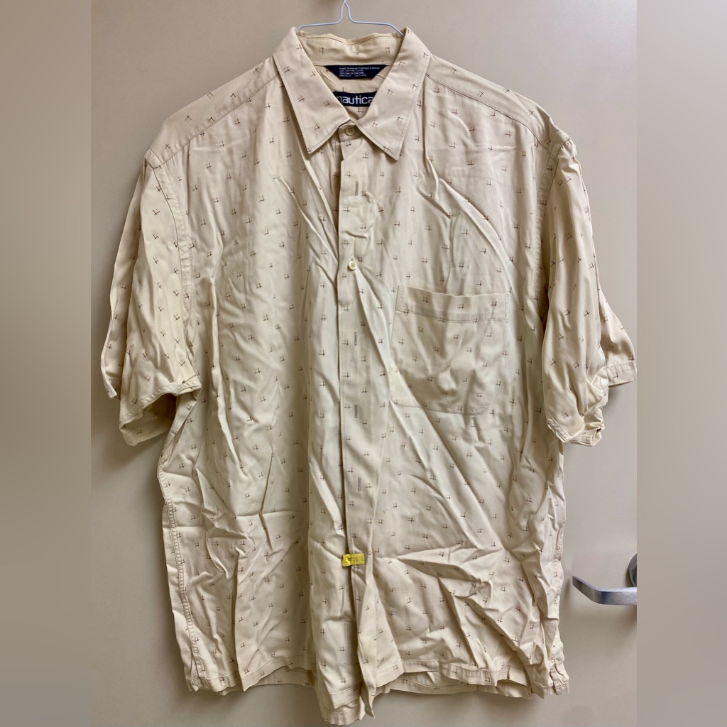 Nautica Mens Casual Button Shirt Sz Xl Cotton Rayon Blend Short Sleeve Beige